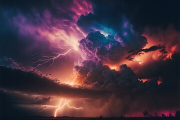 Terrible storm clouds, neon lightning AI