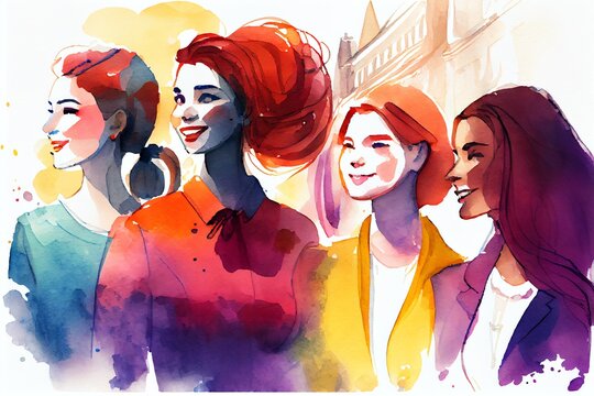 Watercolor Illustration of a Happy Women Group For International Day, Style Illustration By. Generative AI