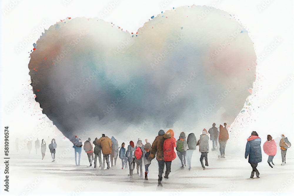 Wall mural Watercolor Illustration of a Hundreds Of People Walking Towards A Large Love Heart In The Mist. Generative AI