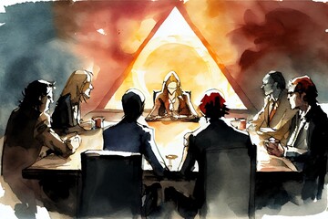 Fototapeta na wymiar Watercolor Illustration of a Illuminatis Meeting. Generative AI