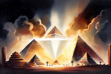 Watercolor Illustration of a Luminous Rays Around The Egyptian Pyramids, Signals To Space To Alien Civilizations. Generative AI - obrazy, fototapety, plakaty