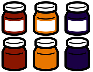 カラフルな瓶のセット（ジャム、インクなど）