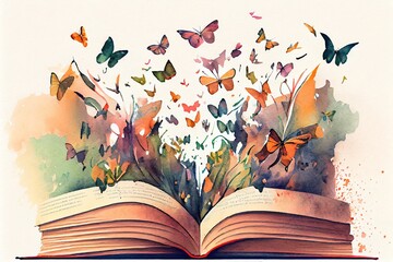 Watercolor Illustration of a Open Book With Butterflies Coming Out Of It Ideal For Fantasy And Literature Backgrounds. Generative AI