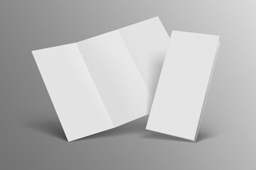 Clean blank tri fold brochure template for mock up on an isolated background. Leaflet, Pamphlet, Flyer, Booklet, Catalog empty mock-up - 3D render illustrating for mockup presentation of map design.