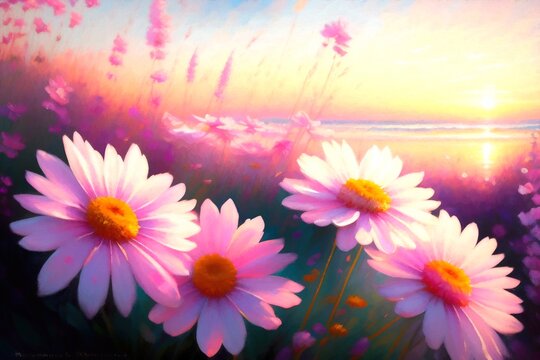 A modern painting of pink flowers