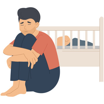 Male Postpartum Postnatal Depression, Sad Man Sits Near A Baby. Flat Illustration