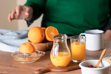 Still life of breakfast with orange juice.