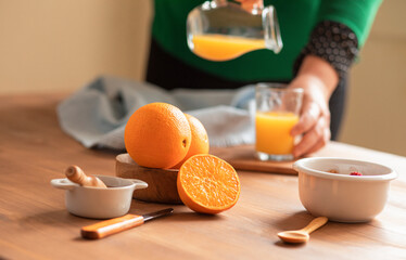 Still life of breakfasts with oranges and cereals.