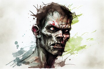 Watercolor Illustration of a Portrait Of A Zombie. Digital Illustration. Generative AI