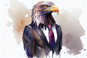 Watercolor Illustration of a Portrait Of A Eagle Dressed In A Formal Business Suit On White Background, White. Generative AI