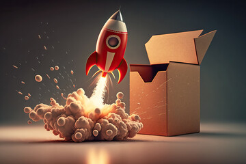Launch of a red rocket from a carton box. Successful start up concept. Symbol of success in business. Generative AI