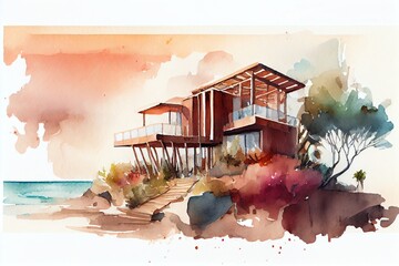 Watercolor Illustration of a Small Luxury Modern Beach House. Beach House. Modern Architecture. Villa By The Sea. Generative AI