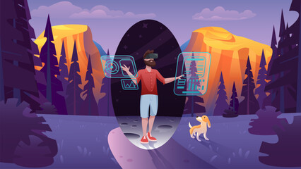 Hand- drawn vector illustration of a bearded man in vr headset with a dog in the forest.