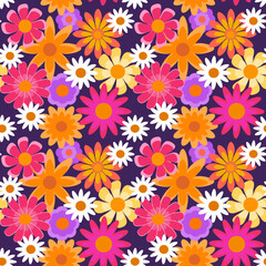 Seamless vector floral pattern, bright pink and orange flowers on purple background, summer prints for textile, wallpaper. 