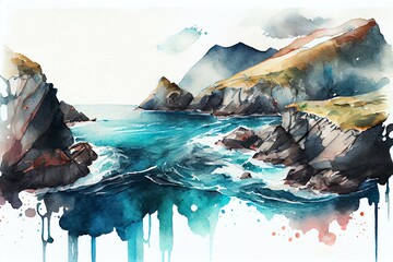 Watercolor Illustration of aker FÃ¤Llt Ins Wasser Im TÃ¼Rkisfarbenen Ozean. Generative AI