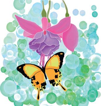 Vector sublimation pink flower and butterfly with a background of colorful bubbles