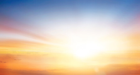 Panorama of dramatic sunset sky with a sunbeams
