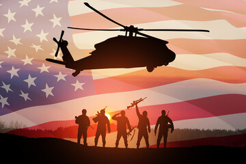 Plakat Silhouettes of helicopter and soldiers on background of sunset. Greeting card for Veterans Day, Memorial Day, Air Force Day. USA celebration.