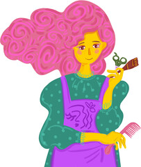 a girl hairdresser stylist with pink hair holds a comb, brush, scissors in her hands