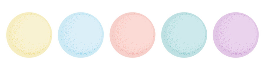 Multi colored circles or bubbles collection on white background. Abstract spheres of pastel yellow, purple, blue, red and turquoise color in flat style with dot textured shadow . Vector illustration.