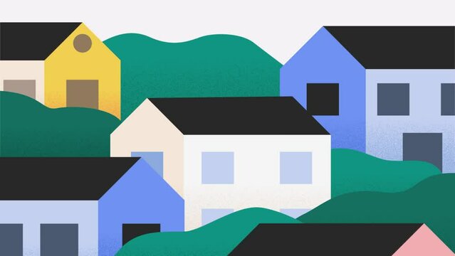Animation of appearing houses in between trees. Houses footage. Modern geometric buildings. Concept of real estate, mortgage, investment for landing page or website.