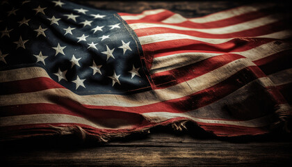 a grunge american flag on wooden background, generative ai