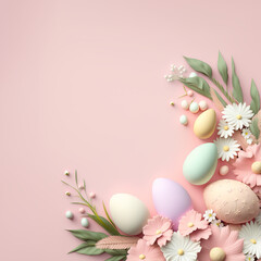 Top view of pastel color easter eggs and flowers with baby light pink copy space. Generative ai
