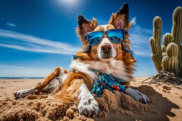 dog with glasses on the beach, generative ai