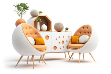 Scandinavian style furniture interior design elements on white background.