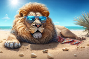 lion with glasses on the beach