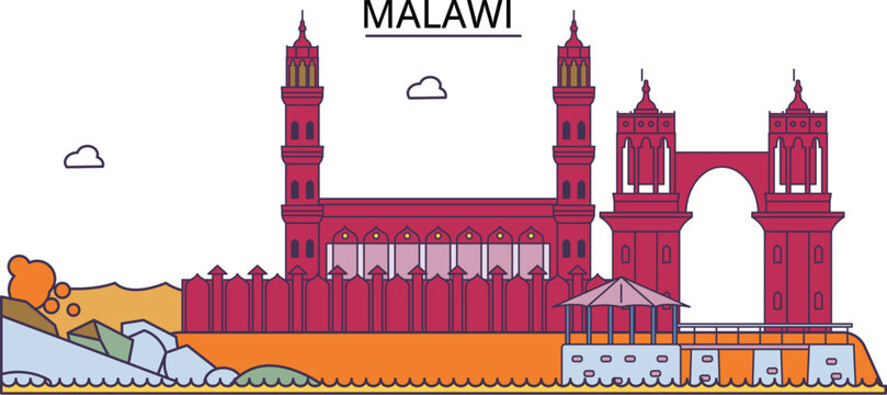 Malawi tourism landmarks, vector city travel illustration