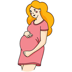 Cute pregnant woman holds her belly in cartoon doodle style