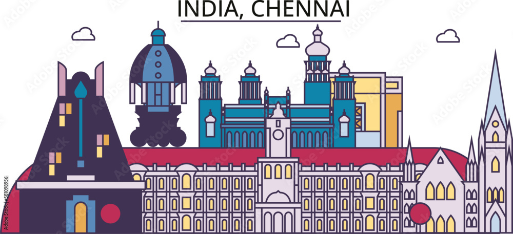 Wall mural India, Chennai tourism landmarks, vector city travel illustration