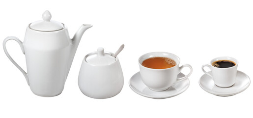 Bule, açucareiro, xícara com chá e xícara com café expresso em fundo transparente - café da...