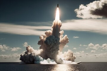 A missile is launched from the ground in smoke. Ai generated.