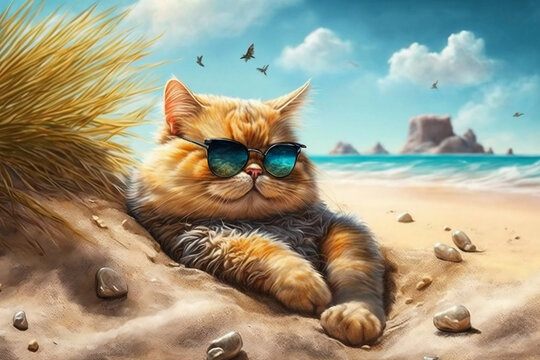 cat with glasses on the beach, generative ai