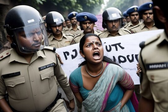 Indian women protest at a demonstration, stopped by police in India. Ai generated.