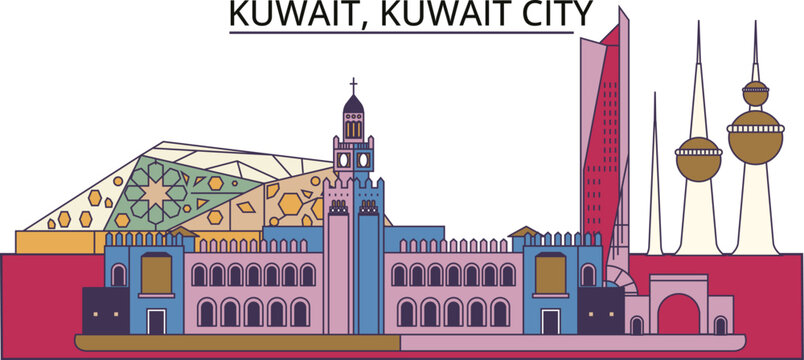 Kuwait, Kuwait City tourism landmarks, vector city travel illustration