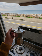 coffee in the morning campervan view seaside