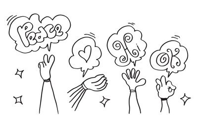 Applause hand draw on white background with peace, hi. ok text.vector illustration.