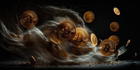 falling bitcoin coins in rain, generative ai