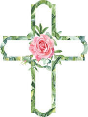 Watercolor floral cross. Easter religious symbol for card, invitations, PNG