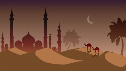 illustration of the desert of the arabian peninsula with ornaments of date palms, camels and mosque