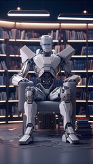 Fototapeta premium Self educating artificial intelligence. Machine learning concept. Robot studying, writing code and reading books in library. AI and Neural network development. 