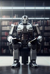 Self educating artificial intelligence. Machine learning concept. Robot studying, writing code and reading books in library. AI and Neural network development. 
