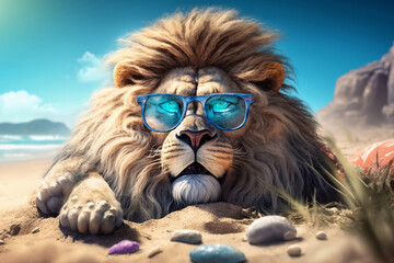 lion with glasses on the beach - obrazy, fototapety, plakaty