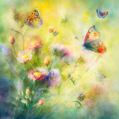 Watercolor painting of a spring meadow full of blooming flowers and butterflies. Spring aquarelle wallpaper. generative ai. Floral background 
