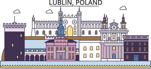 Poland, Lublin tourism landmarks, vector city travel illustration - obrazy, fototapety, plakaty