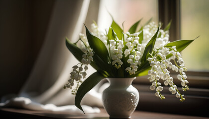 Bouquet de muguet dans un vase, brin porte bonheur, tradition du 1er mai, fête du travail