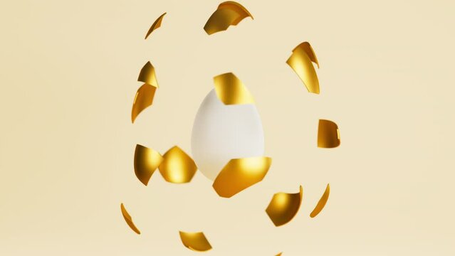 Gold painted egg shell peel and reveal white egg. Easter egg animation concept. 3d render